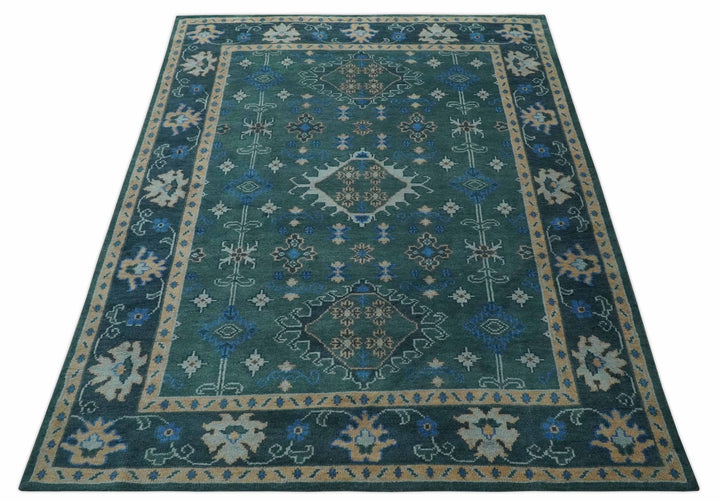 Custom Made Teal, Blue, Peach and Silver Hand Knotted Traditional Heriz wool Area Rug - The Rug Decor