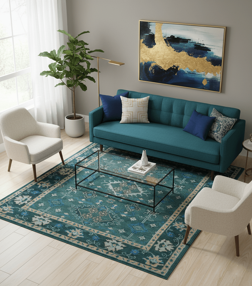 Custom Made Teal, Blue, Peach and Silver Hand Knotted Traditional Heriz wool Area Rug - The Rug Decor