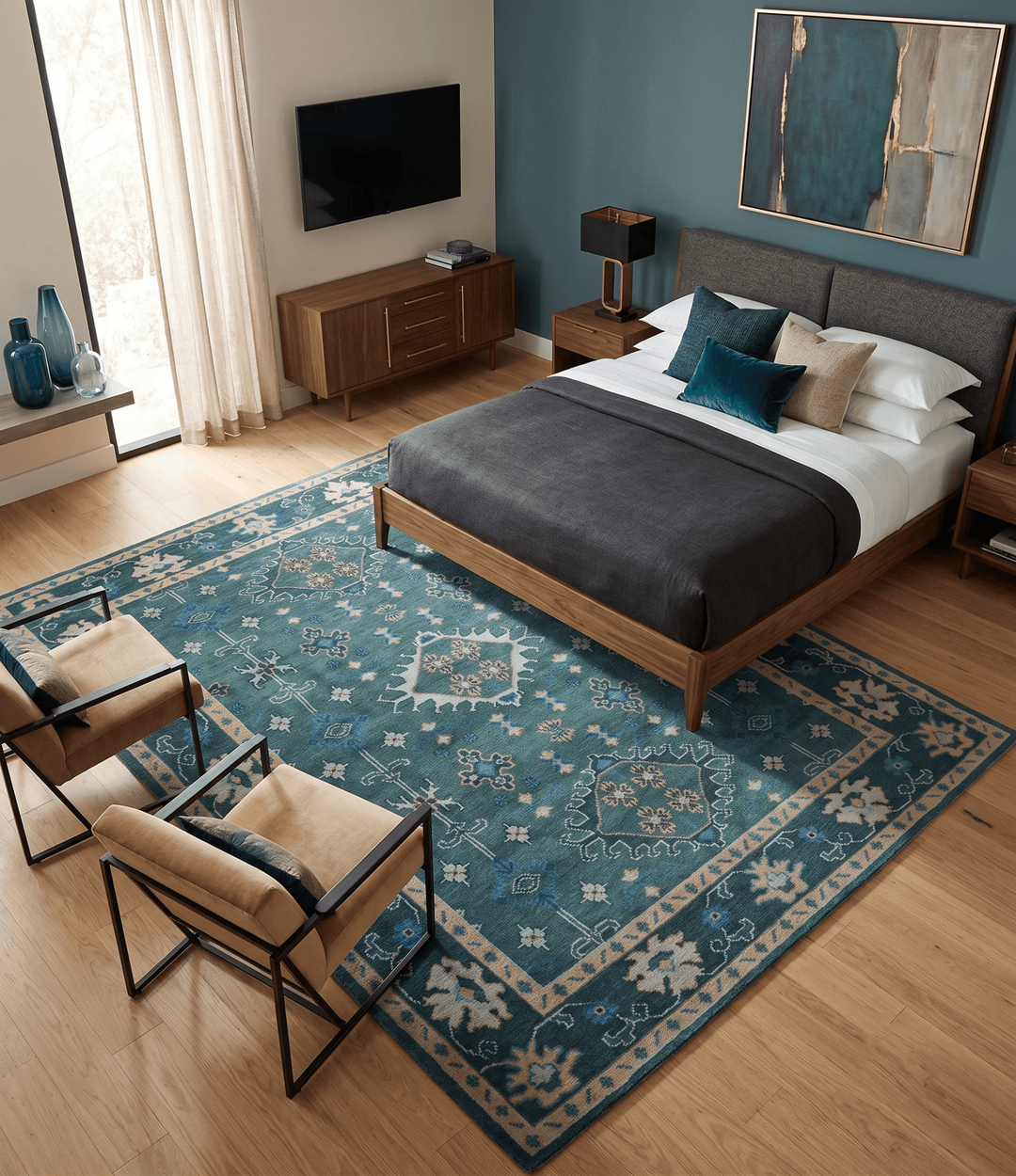 Custom Made Teal, Blue, Peach and Silver Hand Knotted Traditional Heriz wool Area Rug - The Rug Decor