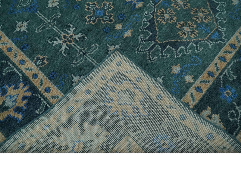 Custom Made Teal, Blue, Peach and Silver Hand Knotted Traditional Heriz wool Area Rug - The Rug Decor