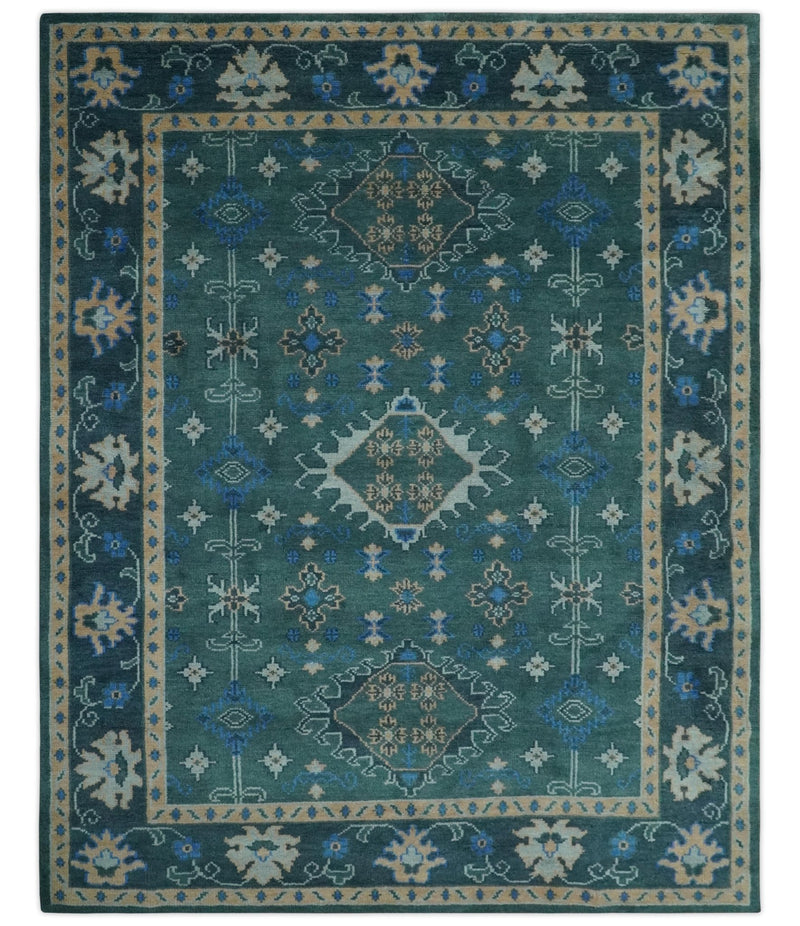 Custom Made Teal, Blue, Peach and Silver Hand Knotted Traditional Heriz wool Area Rug - The Rug Decor