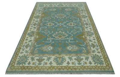 Custom Made Teal, Ivory and Olive Hand Knotted Traditional Oriental Oushak wool rug - The Rug Decor