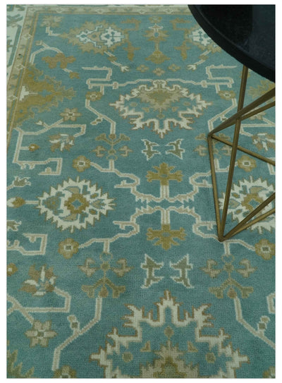 Custom Made Teal, Ivory and Olive Hand Knotted Traditional Oriental Oushak wool rug - The Rug Decor