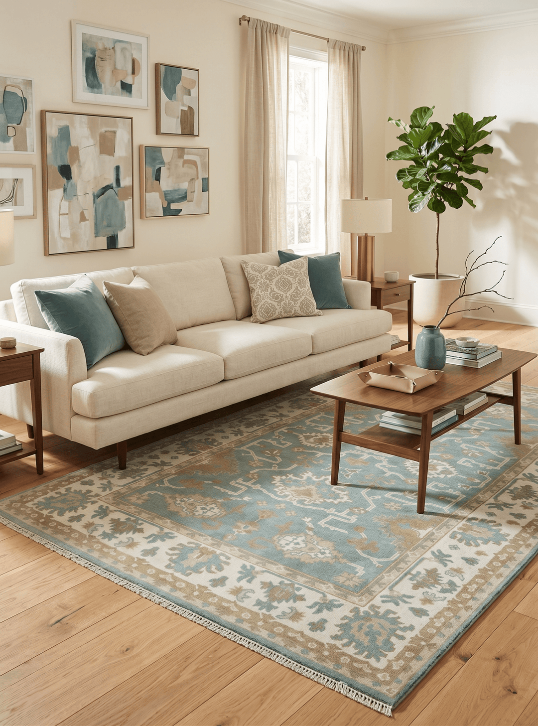 Custom Made Teal, Ivory and Olive Hand Knotted Traditional Oriental Oushak wool rug - The Rug Decor