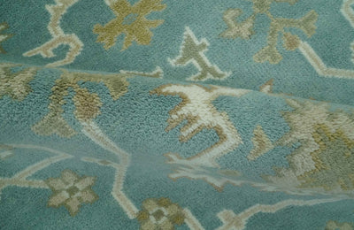 Custom Made Teal, Ivory and Olive Hand Knotted Traditional Oriental Oushak wool rug - The Rug Decor