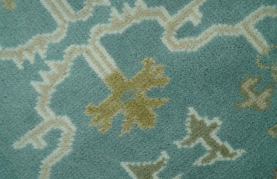 Custom Made Teal, Ivory and Olive Hand Knotted Traditional Oriental Oushak wool rug - The Rug Decor