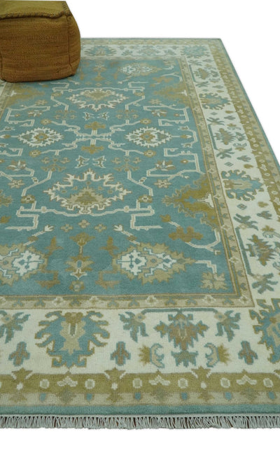 Custom Made Teal, Ivory and Olive Hand Knotted Traditional Oriental Oushak wool rug - The Rug Decor