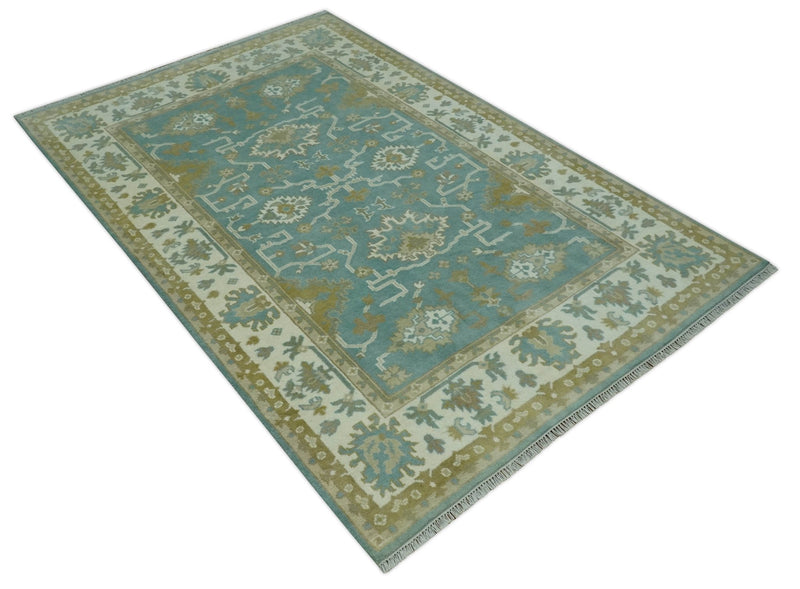 Custom Made Teal, Ivory and Olive Hand Knotted Traditional Oriental Oushak wool rug - The Rug Decor