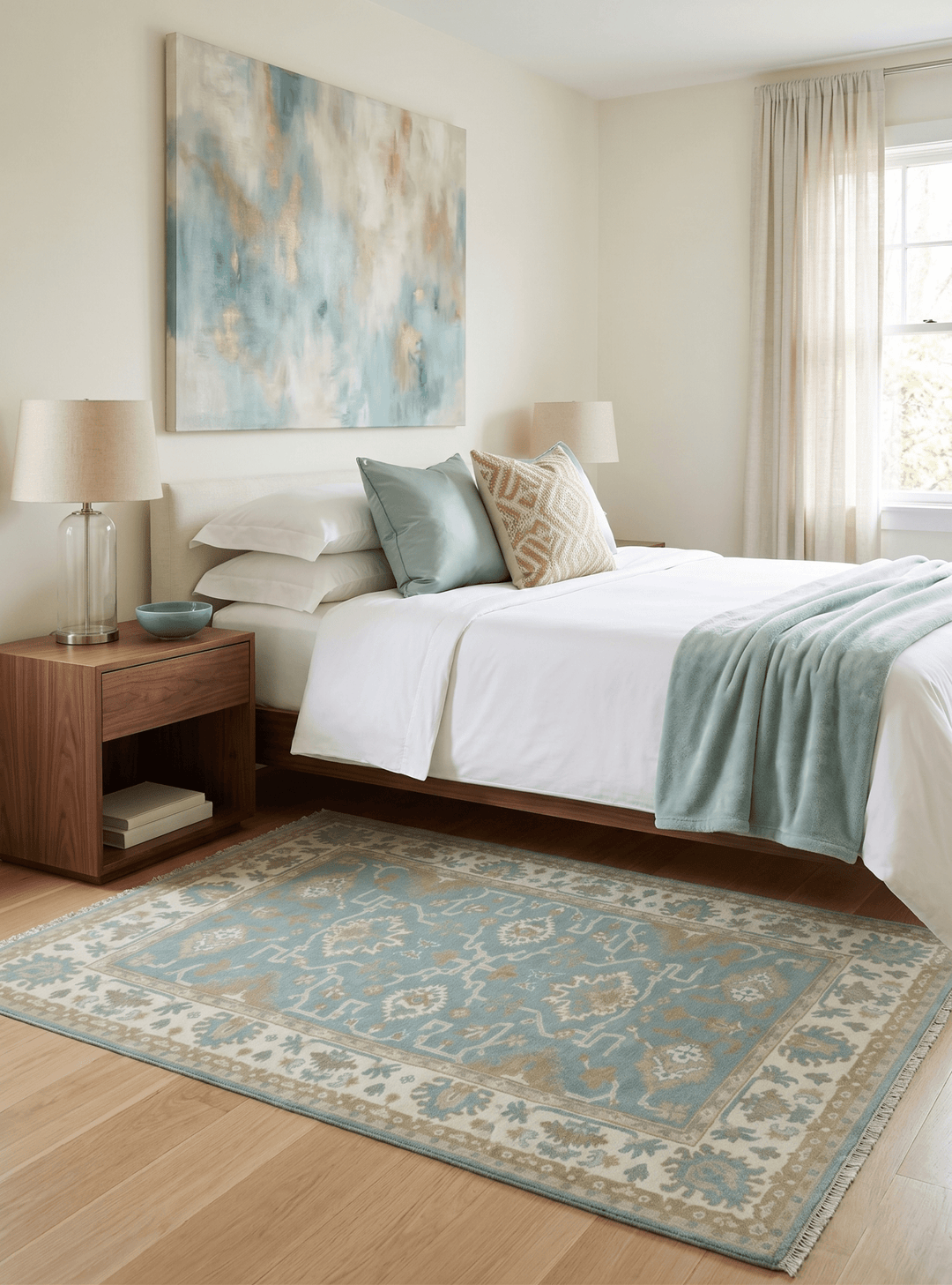 Custom Made Teal, Ivory and Olive Hand Knotted Traditional Oriental Oushak wool rug - The Rug Decor