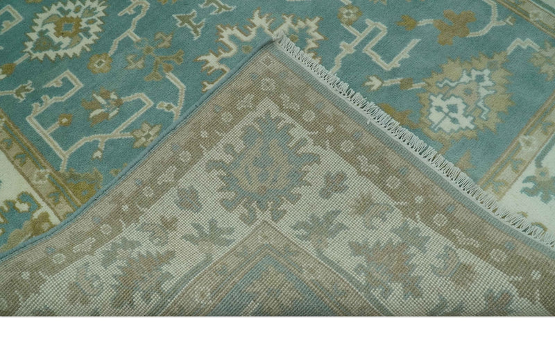 Custom Made Teal, Ivory and Olive Hand Knotted Traditional Oriental Oushak wool rug - The Rug Decor