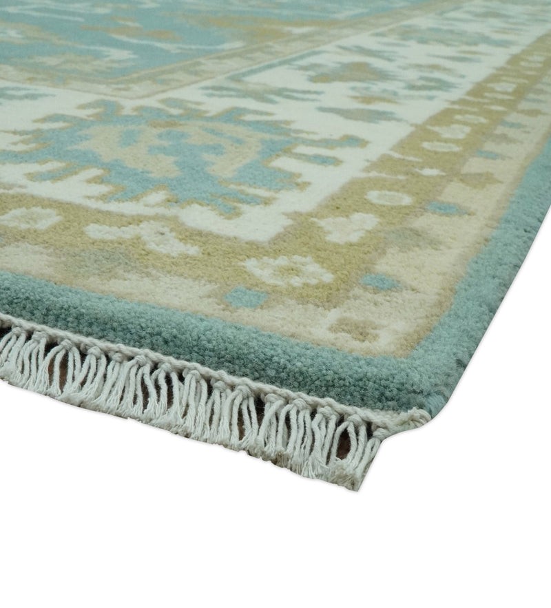 Custom Made Teal, Ivory and Olive Hand Knotted Traditional Oriental Oushak wool rug - The Rug Decor