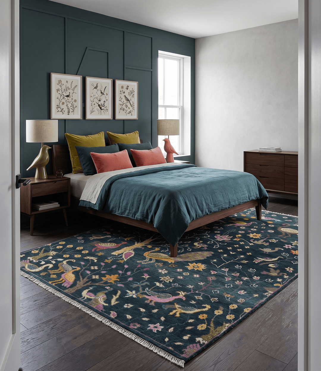 Custom Made The Jungle Life Peacock on tree Rug Hand Knotted Blue and Green Wool Rug - The Rug Decor