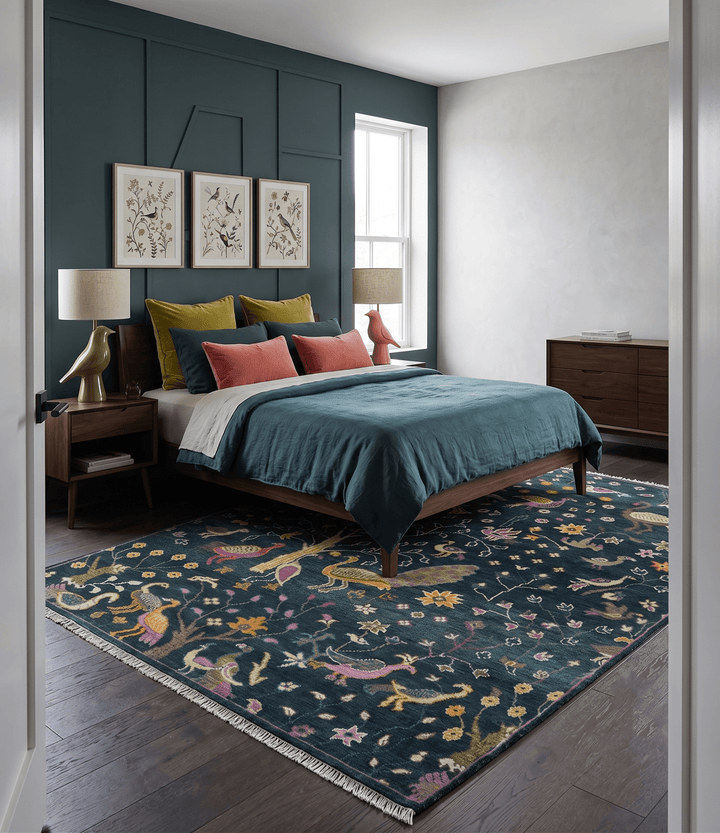 Custom Made The Jungle Life Peacock on tree Rug Hand Knotted Blue and Green Wool Rug - The Rug Decor