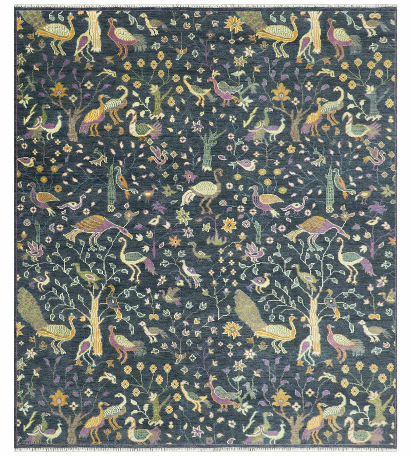 Custom Made The Jungle Life Peacock on tree Rug Hand Knotted Blue and Green Wool Rug - The Rug Decor