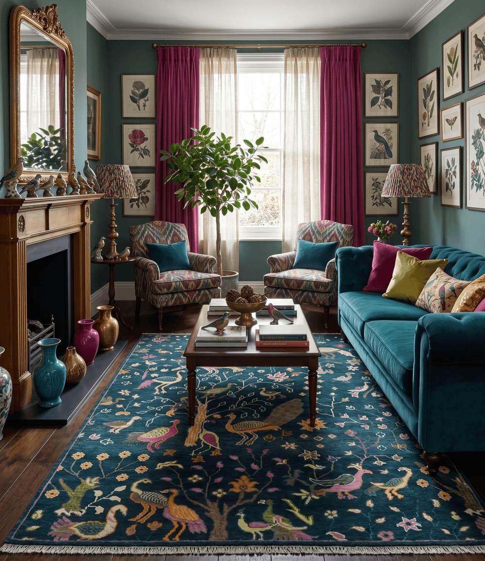 Custom Made The Jungle Life Peacock on tree Rug Hand Knotted Blue and Green Wool Rug - The Rug Decor