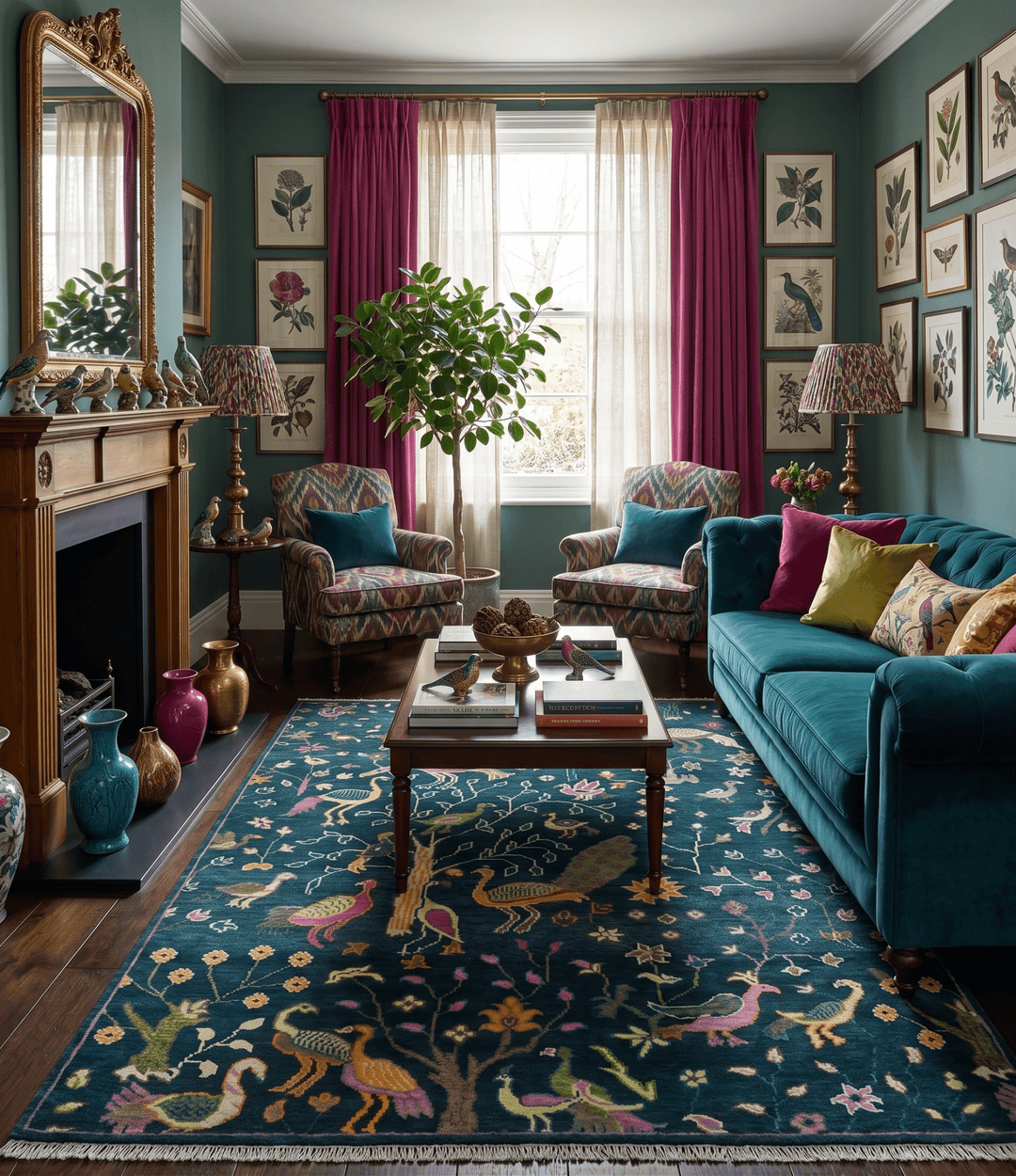 Custom Made The Jungle Life Peacock on tree Rug Hand Knotted Blue and Green Wool Rug - The Rug Decor