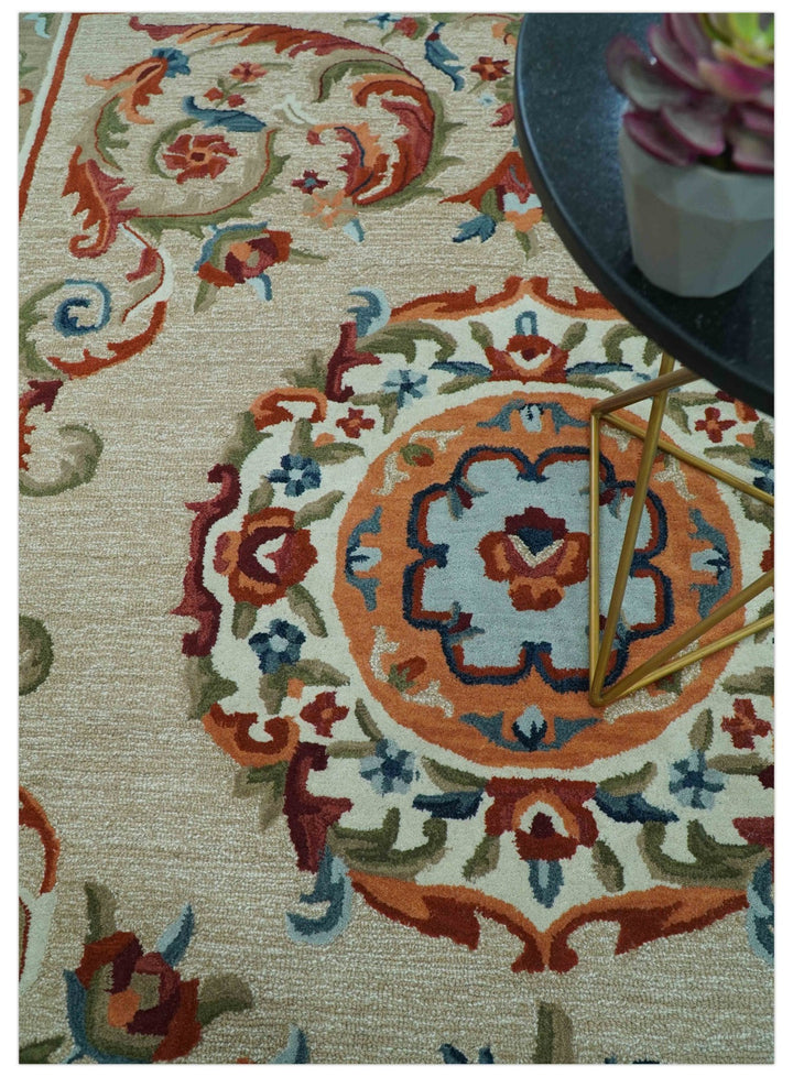 Custom Made Traditional Aubusson Design Beige And Brown Hand Tufted Wool Area Rug - The Rug Decor