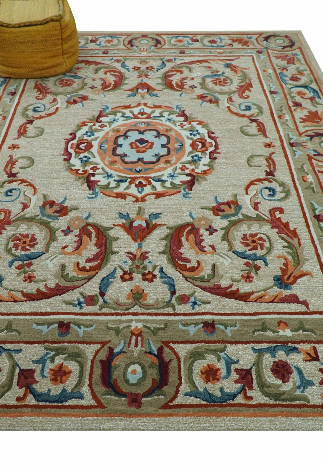 Custom Made Traditional Aubusson Design Beige And Brown Hand Tufted Wool Area Rug - The Rug Decor