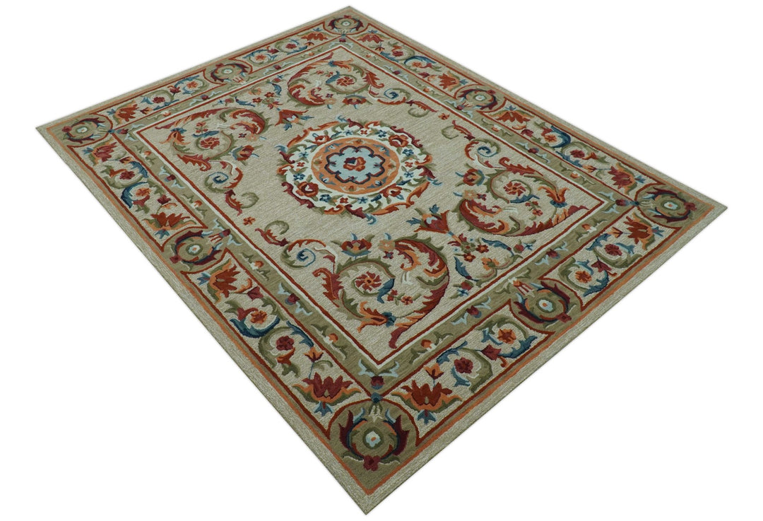 Custom Made Traditional Aubusson Design Beige And Brown Hand Tufted Wool Area Rug - The Rug Decor