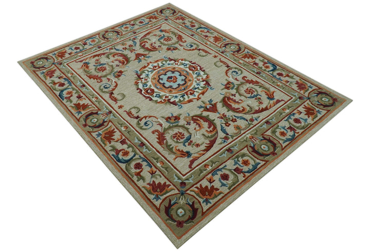 Custom Made Traditional Aubusson Design Beige And Brown Hand Tufted Wool Area Rug - The Rug Decor