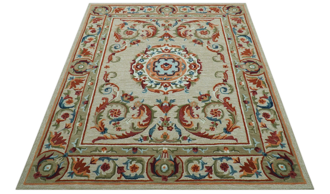 Custom Made Traditional Aubusson Design Beige And Brown Hand Tufted Wool Area Rug - The Rug Decor