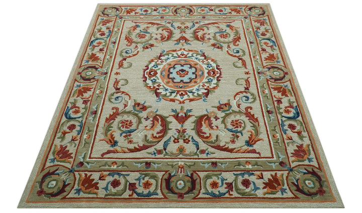Custom Made Traditional Aubusson Design Beige And Brown Hand Tufted Wool Area Rug - The Rug Decor