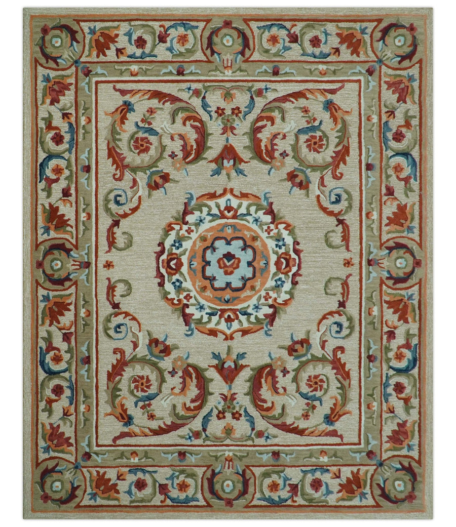 Custom Made Traditional Aubusson Design Beige And Brown Hand Tufted Wool Area Rug - The Rug Decor