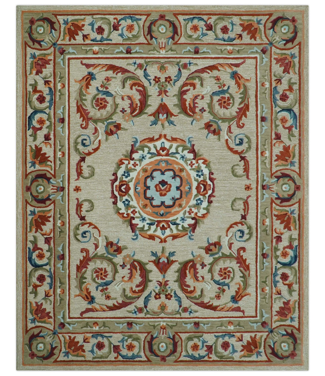 Custom Made Traditional Aubusson Design Beige And Brown Hand Tufted Wool Area Rug - The Rug Decor