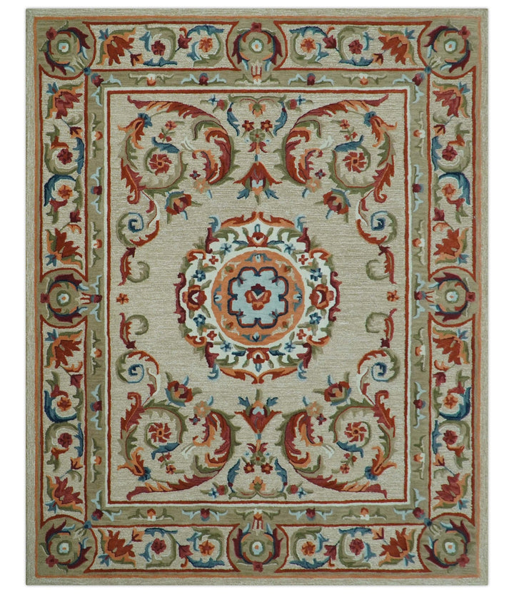 Custom Made Traditional Aubusson Design Beige And Brown Hand Tufted Wool Area Rug - The Rug Decor