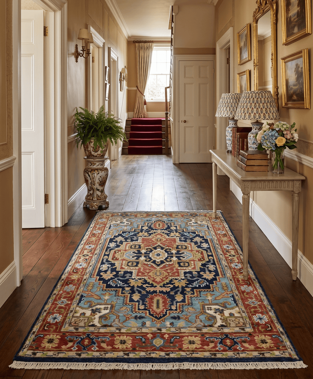 Custom Made Traditional Blue and Rust Hand Knotted Wool Area Rug - The Rug Decor