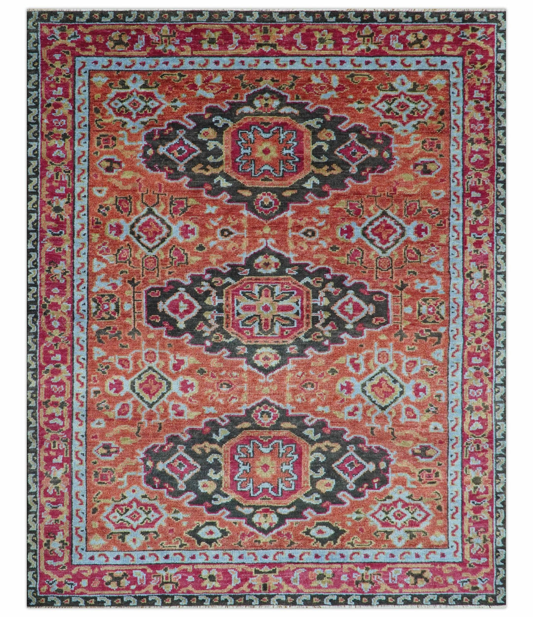 Custom Made Traditional Central Medallions Design Rust And Black Hand Knotted Wool Rug - The Rug Decor