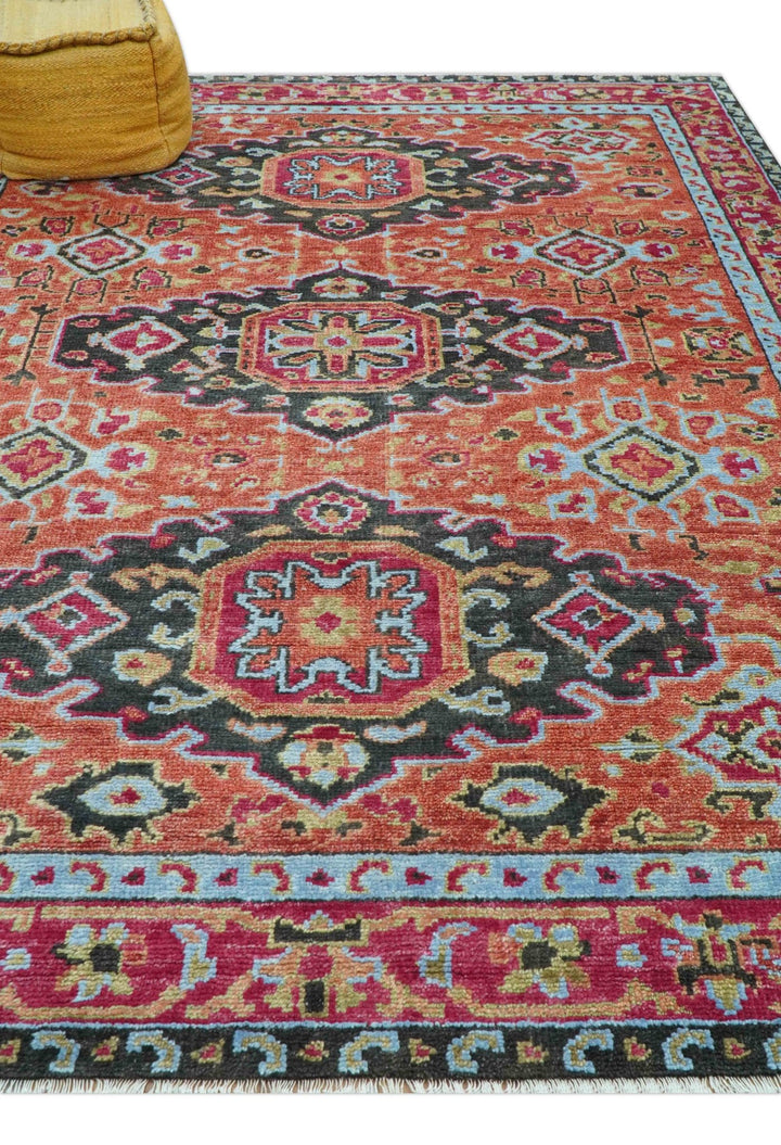 Custom Made Traditional Central Medallions Design Rust And Black Hand Knotted Wool Rug - The Rug Decor