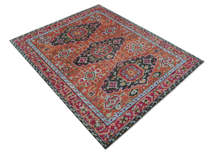 Custom Made Traditional Central Medallions Design Rust And Black Hand Knotted Wool Rug - The Rug Decor