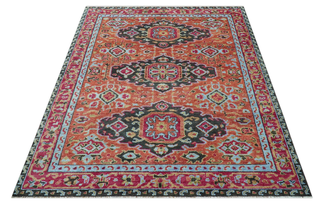 Custom Made Traditional Central Medallions Design Rust And Black Hand Knotted Wool Rug - The Rug Decor
