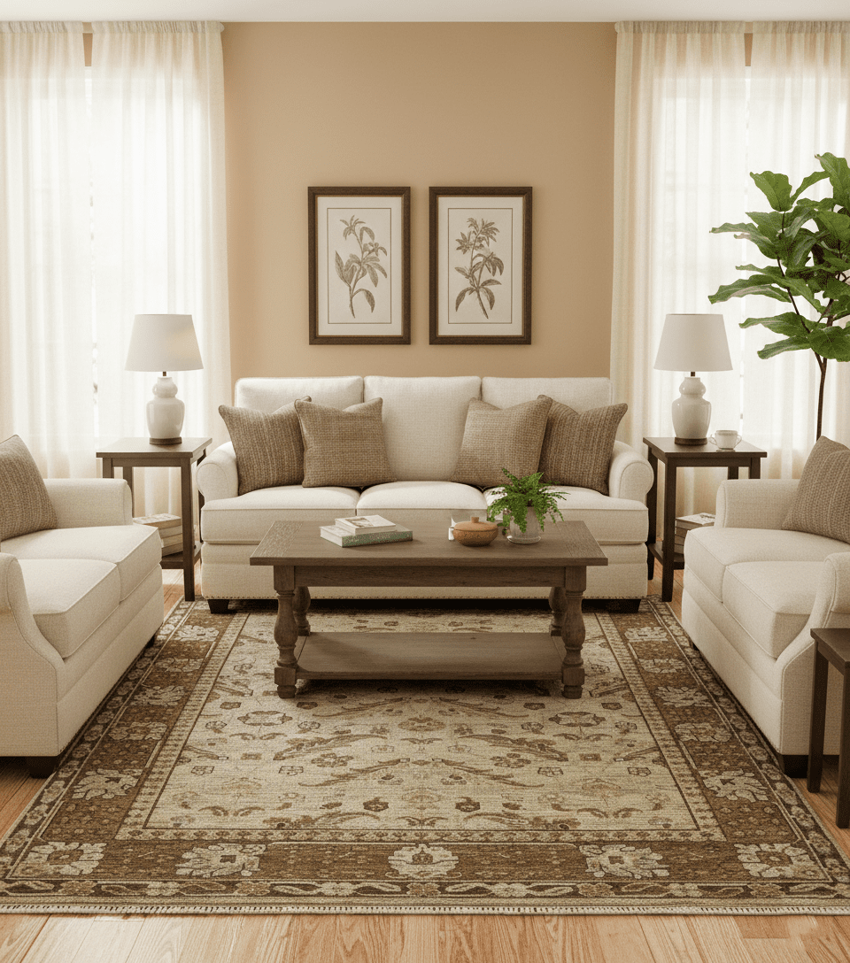 Custom Made Traditional Design Beige And Brown Hand Knotted wool area rug - The Rug Decor