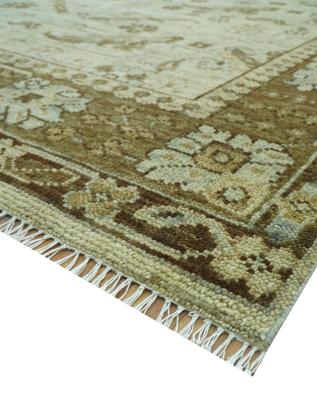 Custom Made Traditional Design Beige And Brown Hand Knotted wool area rug - The Rug Decor