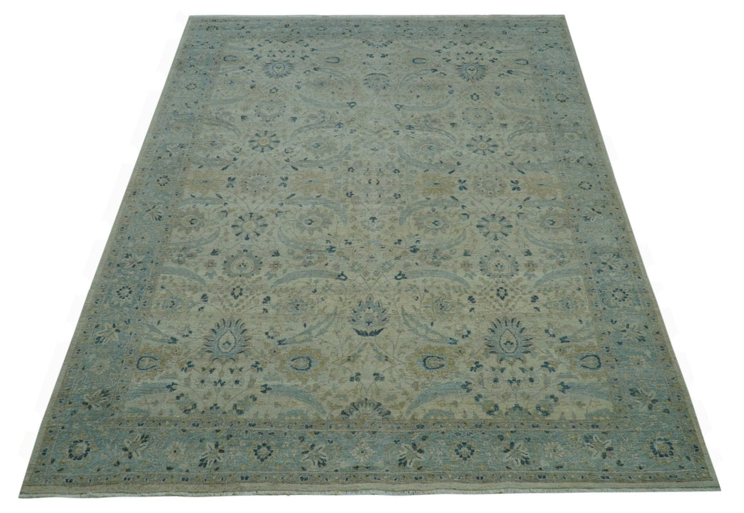 Custom Made Traditional Distressed Blue And Beige Hand Knotted wool area rug - The Rug Decor