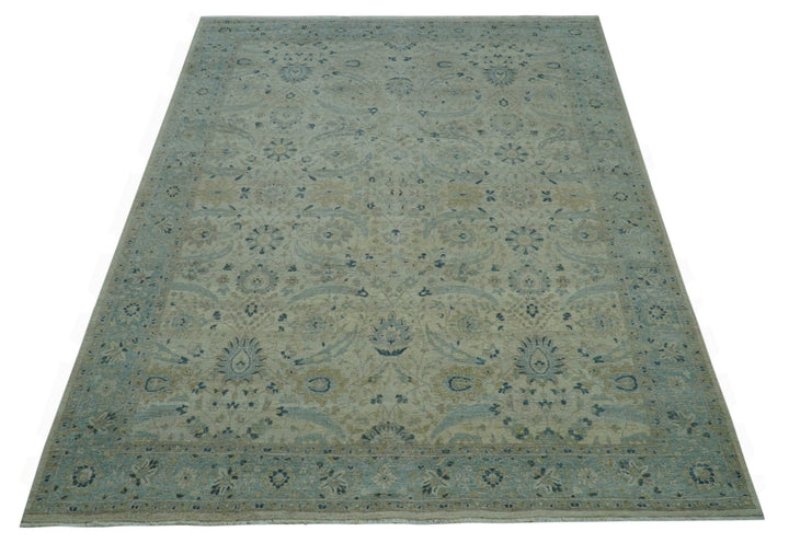 Custom Made Traditional Distressed Blue And Beige Hand Knotted wool area rug - The Rug Decor