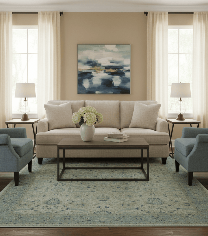 Custom Made Traditional Distressed Blue And Beige Hand Knotted wool area rug - The Rug Decor