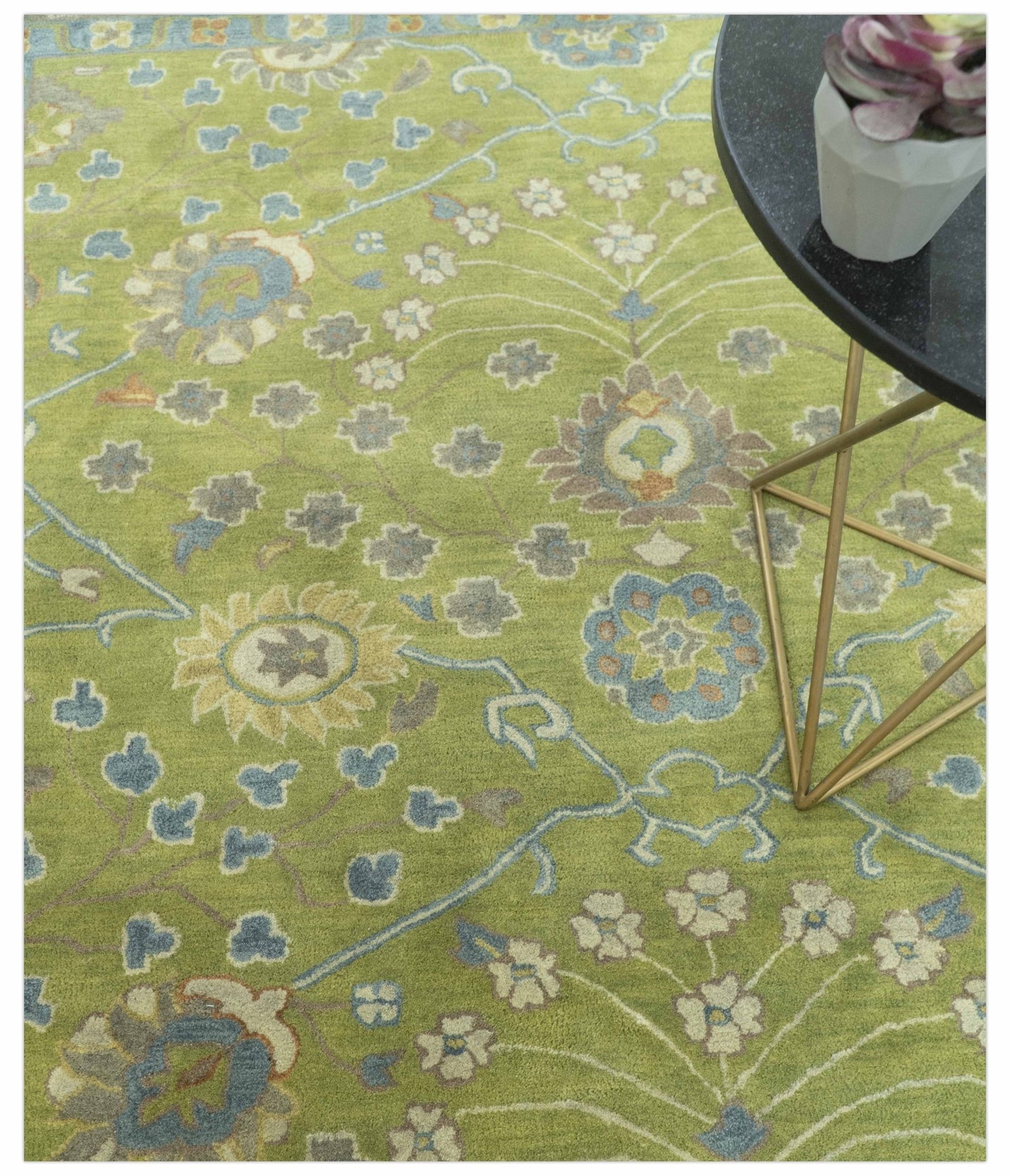 Custom Made Traditional Floral Design Green And Blue Hand Tufted wool Area Rug - The Rug Decor