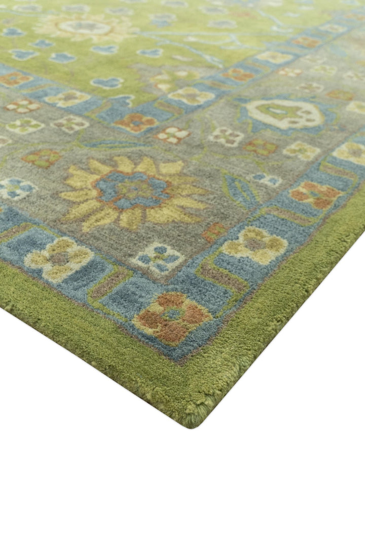 Custom Made Traditional Floral Design Green And Blue Hand Tufted wool Area Rug - The Rug Decor