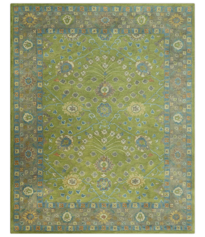 Custom Made Traditional Floral Design Green And Blue Hand Tufted wool Area Rug - The Rug Decor