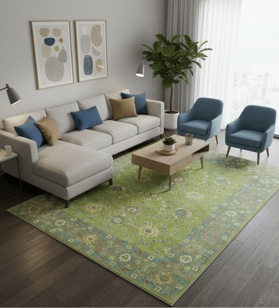 Custom Made Traditional Floral Design Green And Blue Hand Tufted wool Area Rug - The Rug Decor