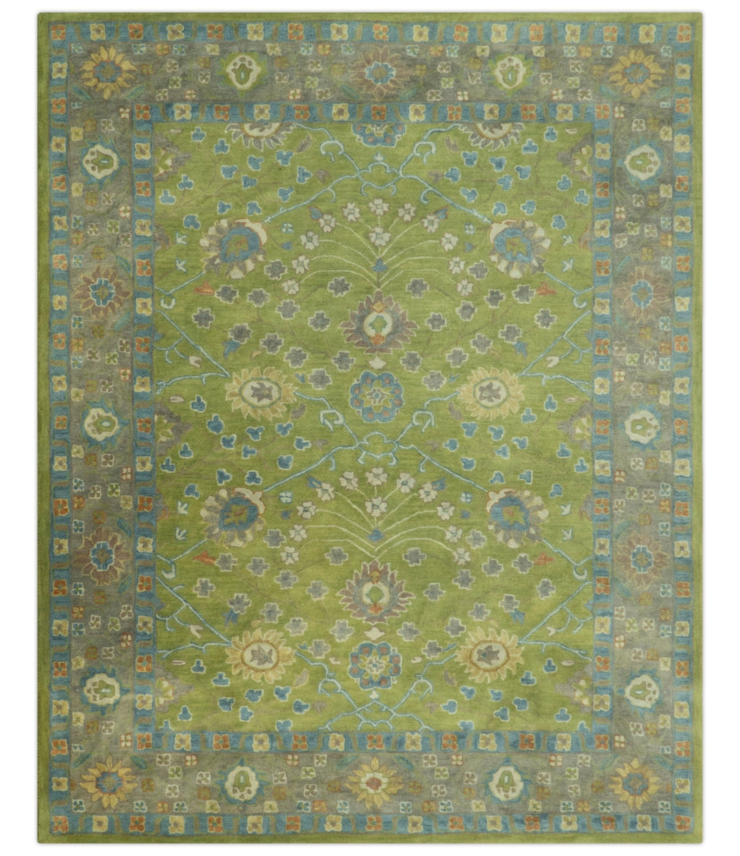 Custom Made Traditional Floral Design Green And Blue Hand Tufted wool Area Rug - The Rug Decor