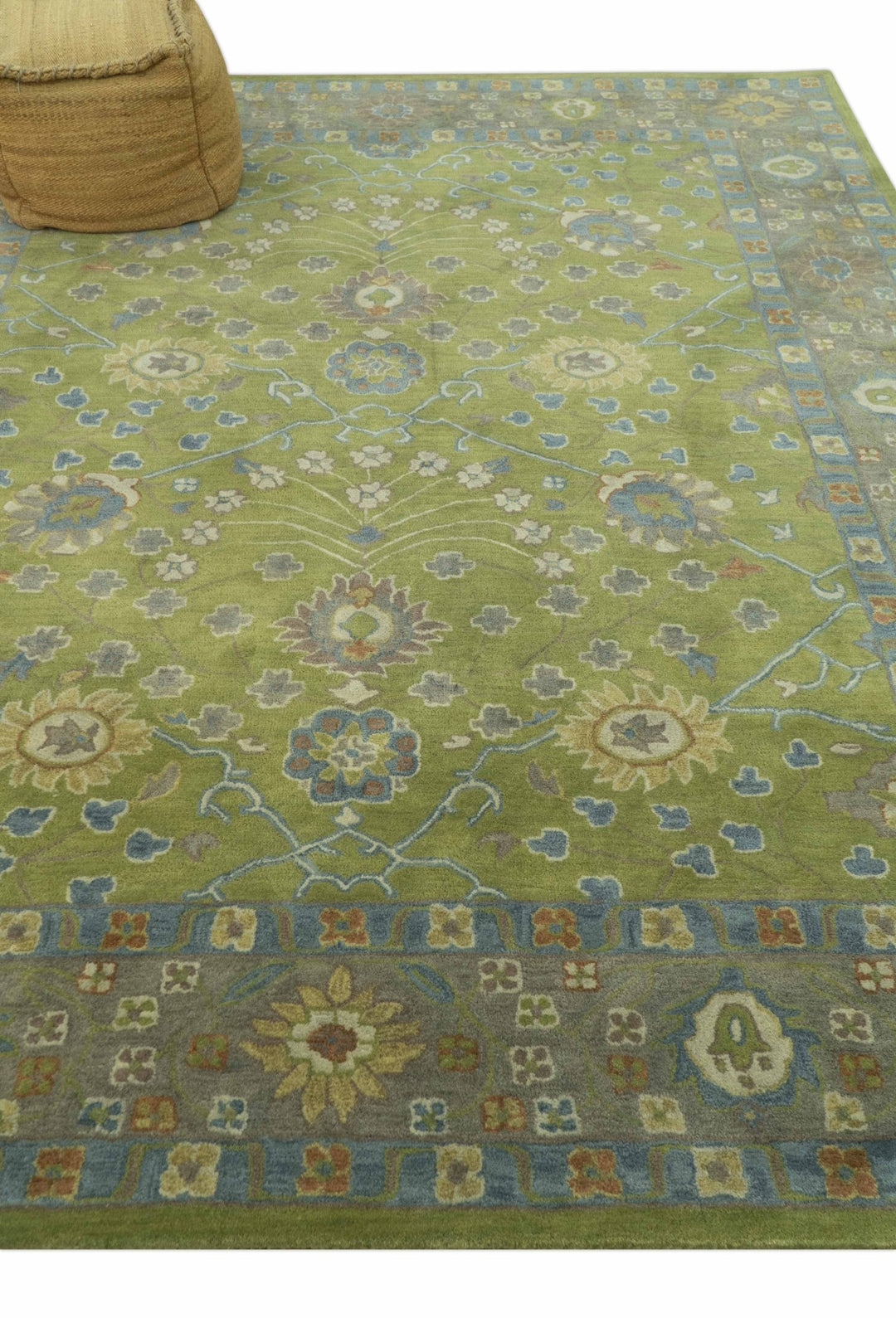 Custom Made Traditional Floral Design Green And Blue Hand Tufted wool Area Rug - The Rug Decor