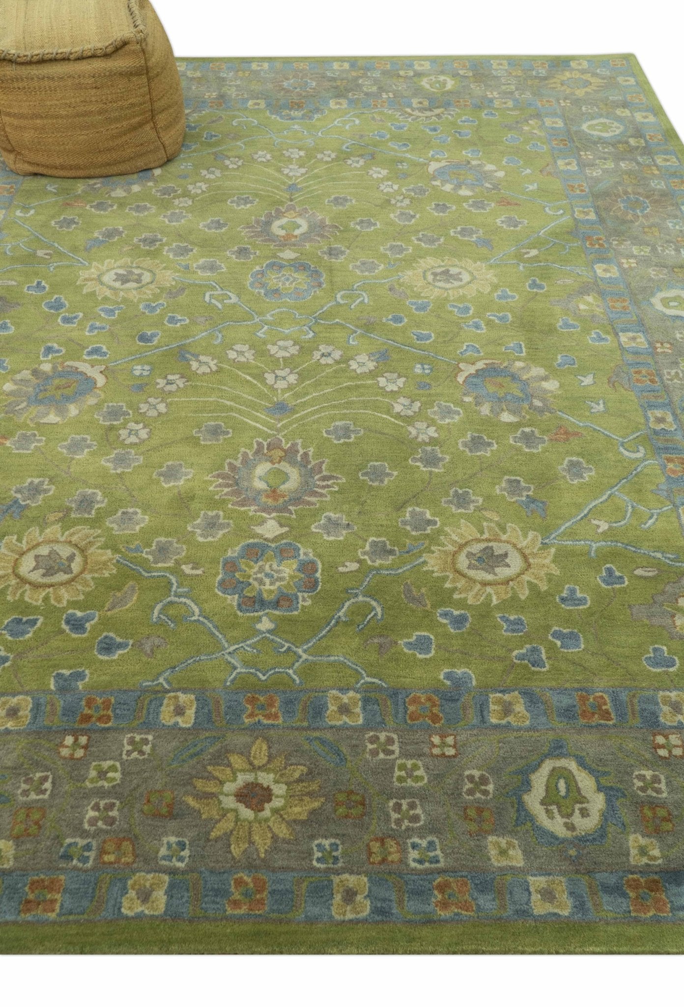 Custom Made Traditional Floral Design Green And Blue Hand Tufted wool Area Rug - The Rug Decor