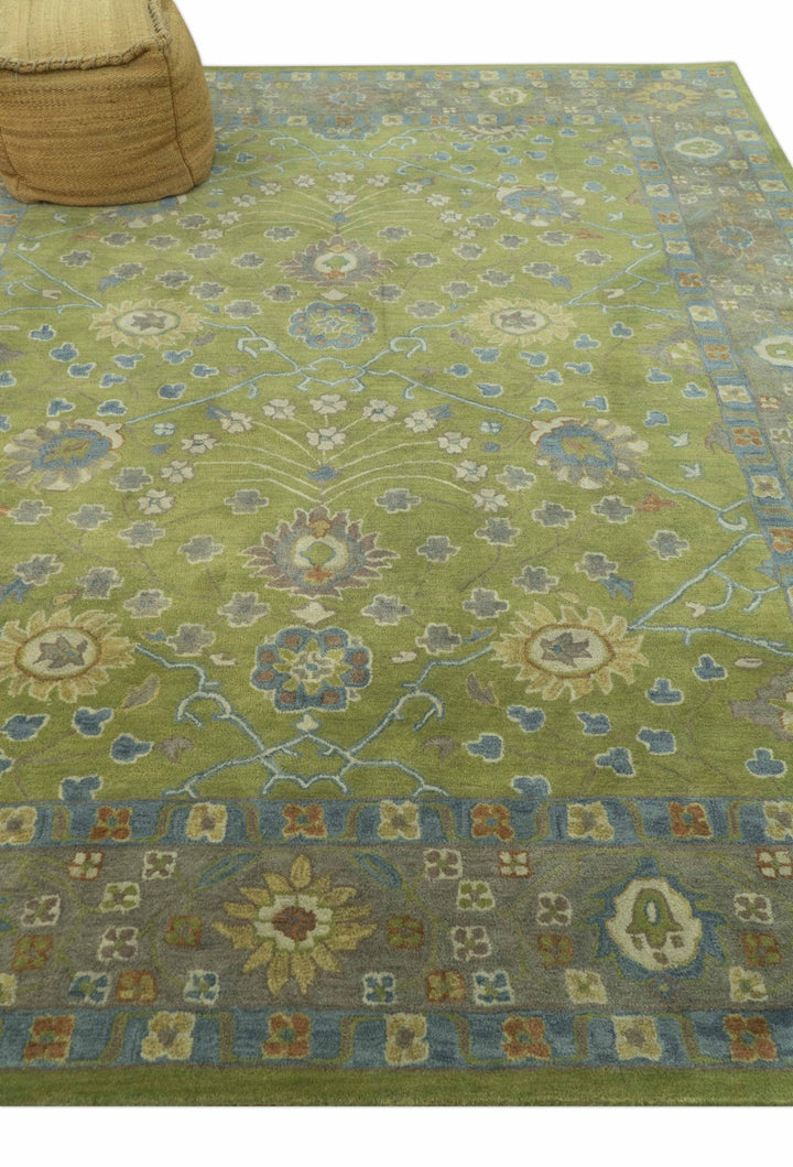 Custom Made Traditional Floral Design Green And Blue Hand Tufted wool Area Rug - The Rug Decor