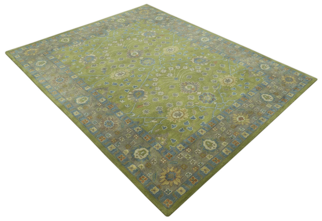 Custom Made Traditional Floral Design Green And Blue Hand Tufted wool Area Rug - The Rug Decor