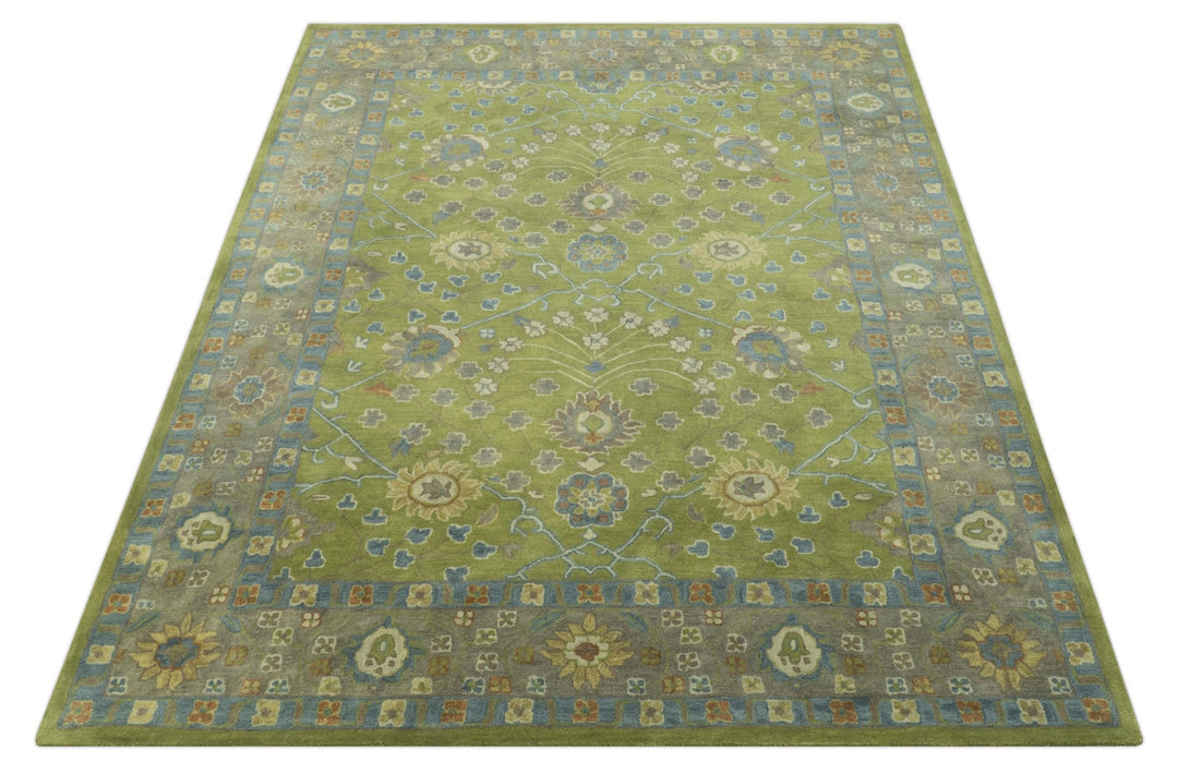 Custom Made Traditional Floral Design Green And Blue Hand Tufted wool Area Rug - The Rug Decor