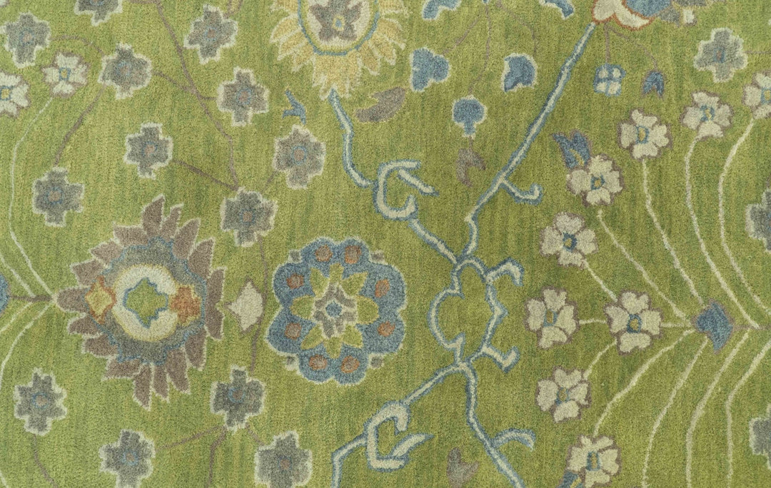 Custom Made Traditional Floral Design Green And Blue Hand Tufted wool Area Rug - The Rug Decor